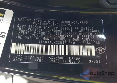 2025 Toyota Camry Le from USA, damaged, VIN 4T1DAACKXSU131848